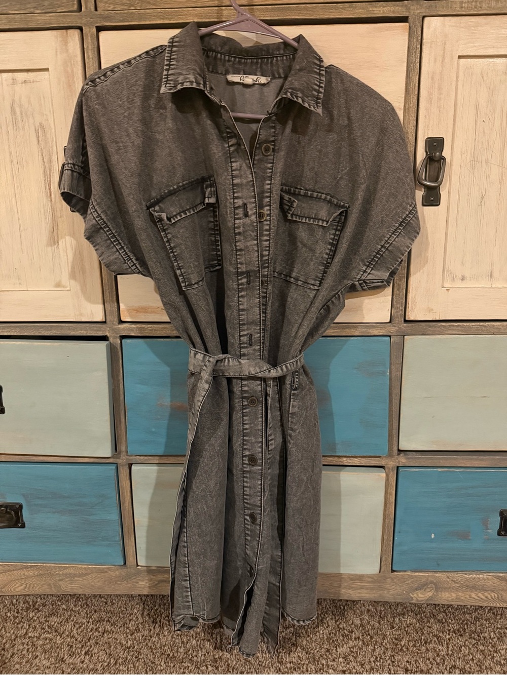 Blush Washed Black Denim Shirt Dress with Belt